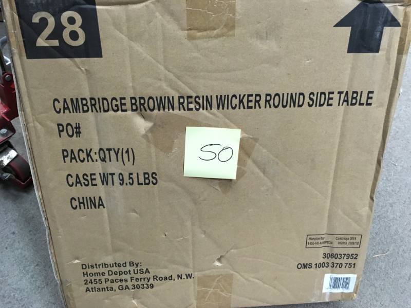 lot 50 image: Hampton Bay Cambridge Brown Wicker Outdoor Side Table not used