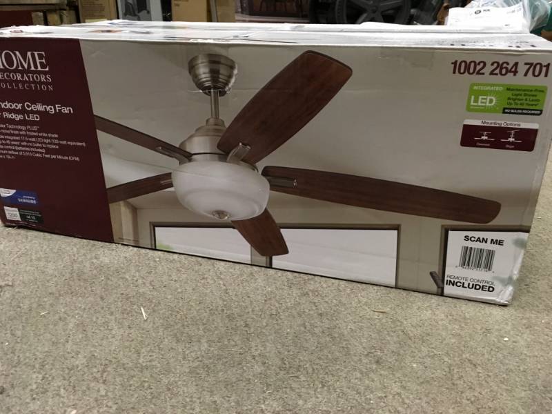 lot 52 image: Home Decorators Collection Sudler Ridge 60 in. LED Indoor Brushed Nickel Ceiling Fan with Light Kit and Remote Control   in good condition