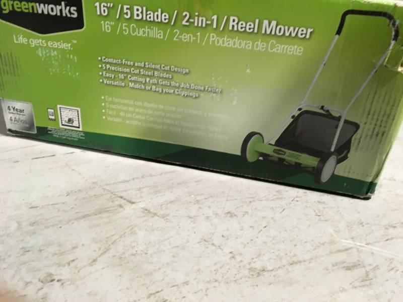 lot 63 image: Greenworks 16 in. Manual Push Walk Behind Reel Mower with Bag in good condition