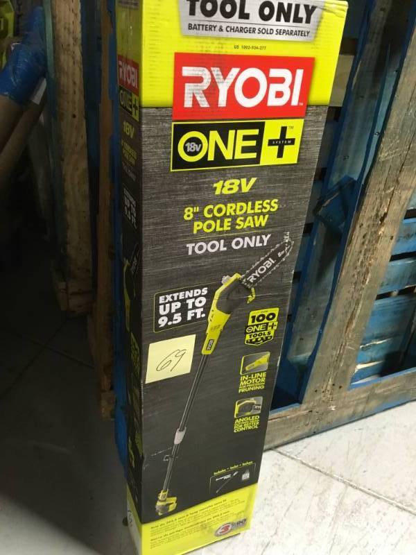lot 69 image: RYOBI ONE 8 in. 18-Volt Lithium-Ion Cordless Pole Saw Battery and Charger Not Included in good condition