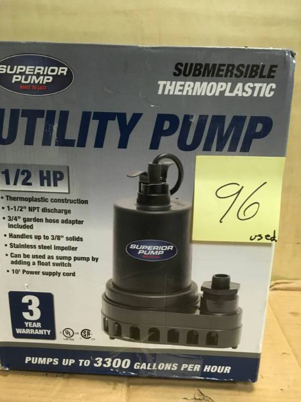 lot 96 image: Superior Pump 12 HP Submersible Thermoplastic Utility Pump USED