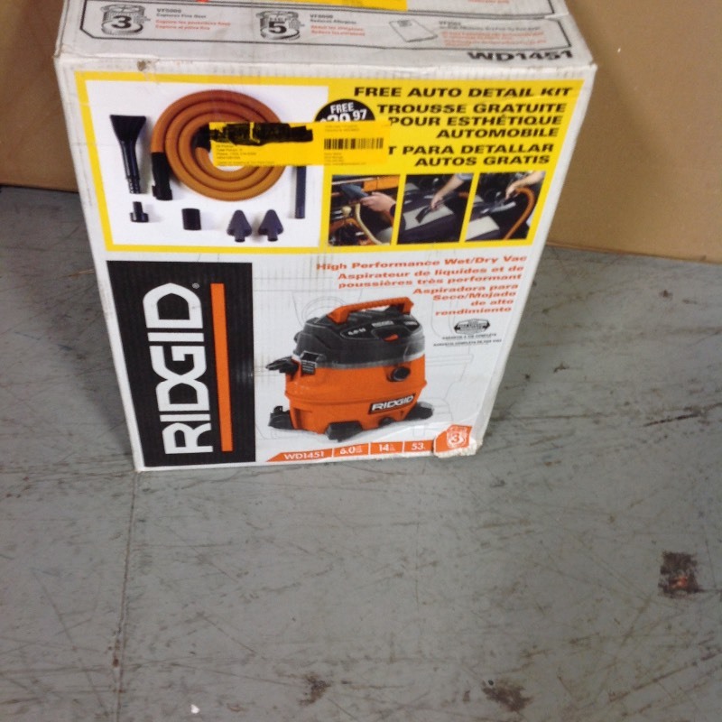RIDGID WD1451 14 Gal. 6.0 Peak HP Wet Dry Vacuum Cleaner With Auto Detail Kit in good conditions