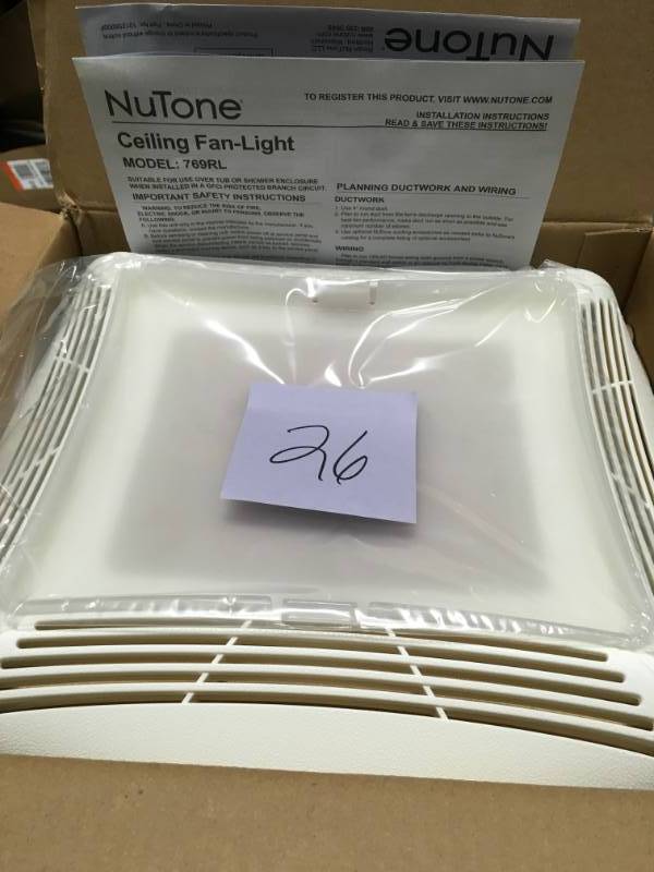 NuTone 70 CFM Ceiling Bathroom Exhaust Fan with Light, White Grille and Light in good condition