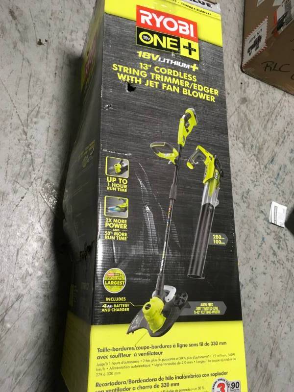 RYOBI ONE 18-Volt Lithium-Ion Cordless String TrimmerEdger and Jet Fan Blower Combo Kit - 4.0 Ah BatteryCharger Included in good condition