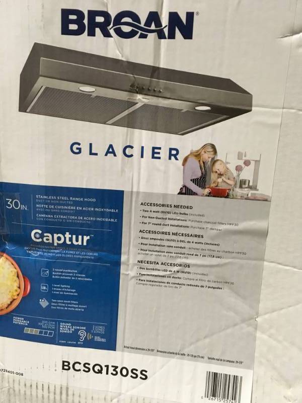 Broan Glacier 30 in. 300 CFM Convertible Under Cabinet Range Hood with Light in Stainless Steel in good condition