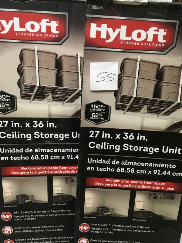 HyLoft 27 in. W x 36 in. D Adjustable Height Garage Ceiling Mount Storage Unit in good condition