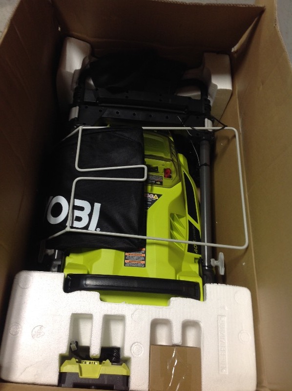 lot 106 image: RYOBI 20 in. 40-Volt Brushless Lithium-Ion Cordless Battery Walk Behind Push Lawn Mower 5.0 Ah BatteryCharger Included not used in good condition