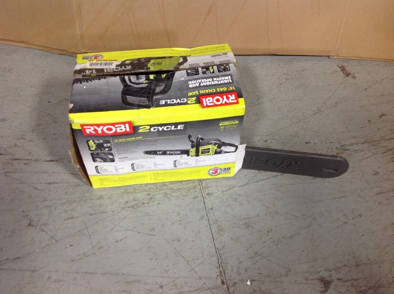 lot 110 image: RYOBI 14 in. 37cc 2-Cycle Gas Chainsaw Close in working conditions
