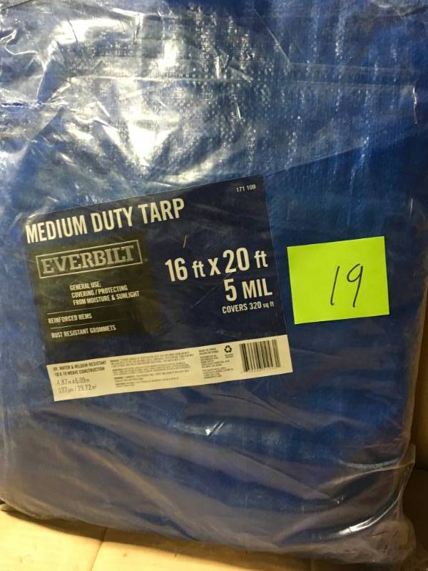 lot 19 image: Everbilt 16 ft. x 20 ft. General Purpose Blue Tarp not used