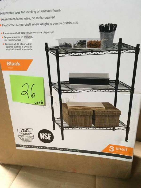 lot 26 image: HDX 30 in. H x 23.25 in. W x 13.375 in. D 3 Shelf Steel Shelving Unit in Black USED
