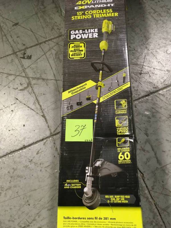 lot 37 image: RYOBI 40-Volt Lithium-Ion Cordless Attachment Capable String Trimmer, 4.0 Ah Battery and Charger Included USED in good condition