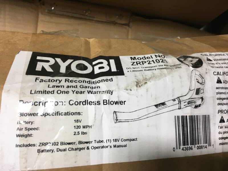 lot 38 image: Ryobi Reconditioned ONE 120 MPH 18-Volt Lithium-Ion Cordless Leaf Blower Sweeper in good condition