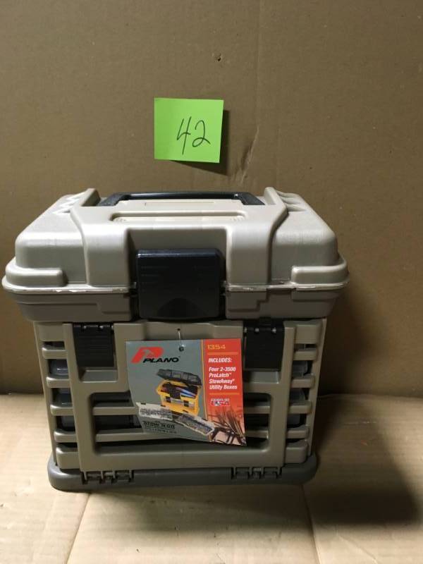 lot 42 image: Plano Stow N Go 37-Compartment Rack with 4 Small Parts Organizer in good condition