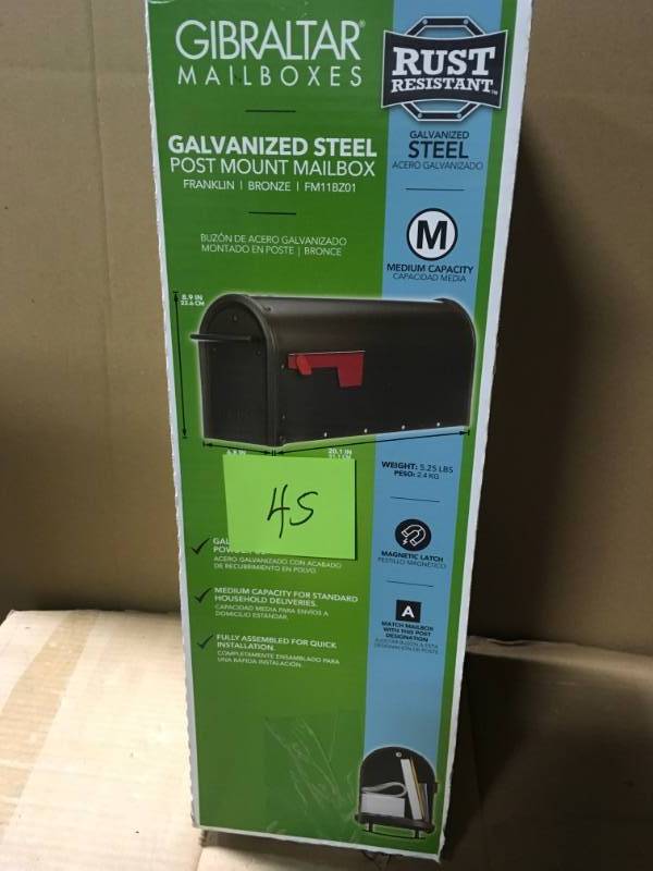 lot 45 image: Gibraltar Mailboxes Franklin Medium Galvanized Steel Post-Mount Mailbox in Bronze in good condition