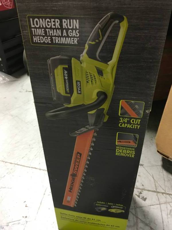 lot 48 image: RYOBI 24 in. 40-Volt Lithium-Ion Cordless Hedge Trimmer - 2.6 Ah Battery and Charger Included in good condition