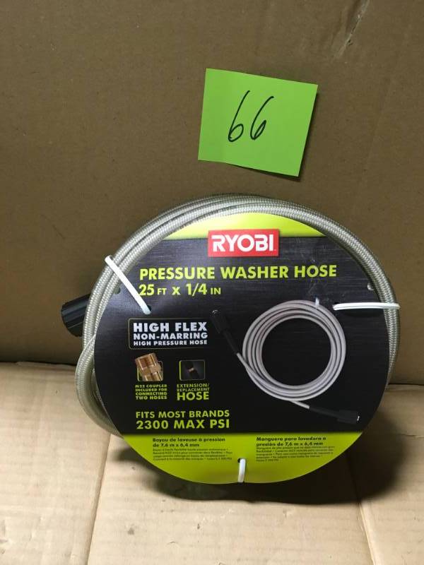 lot 66 image: RYOBI 14 in. x 25 ft. 2,300 PSI Pressure Washer Replacement Hose in good condition
