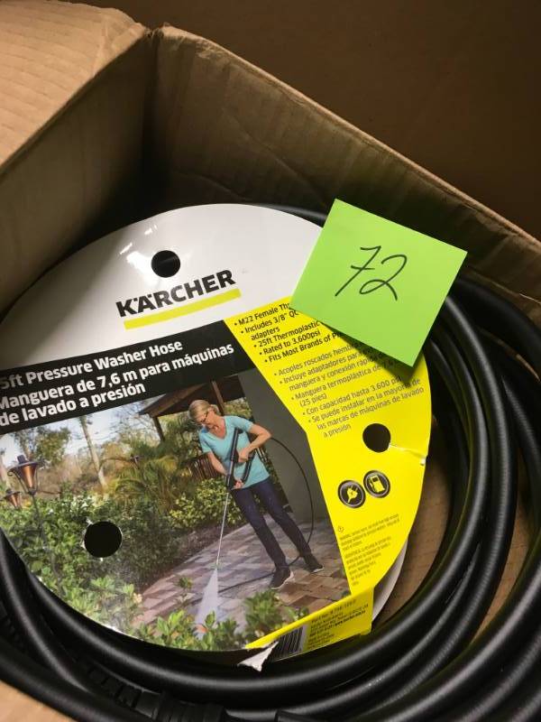 lot 72 image: Karcher 25 ft. Pressure Washer Hose with Quick-Connect and M22 Adapters in good condition