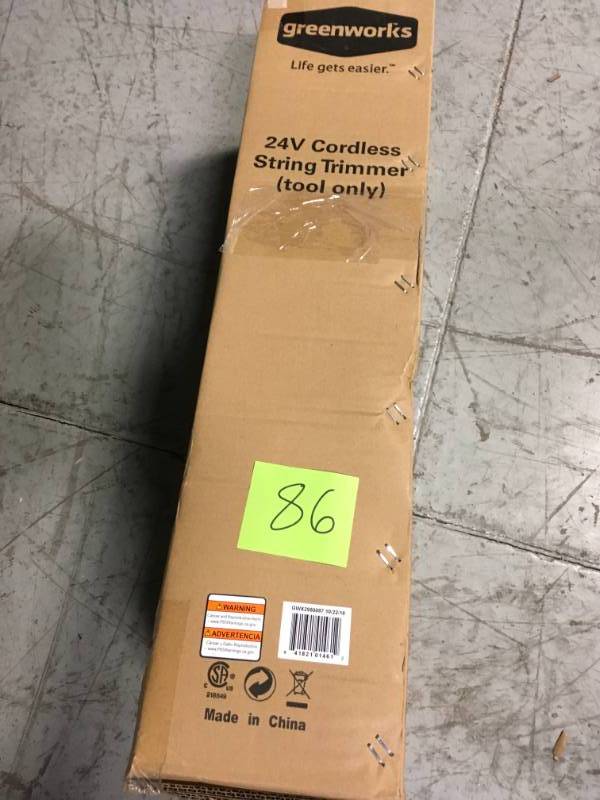 lot 86 image: Greenworks G24 24-Volt Cordless String Trimmer - Battery and Charger Not Included in good condition