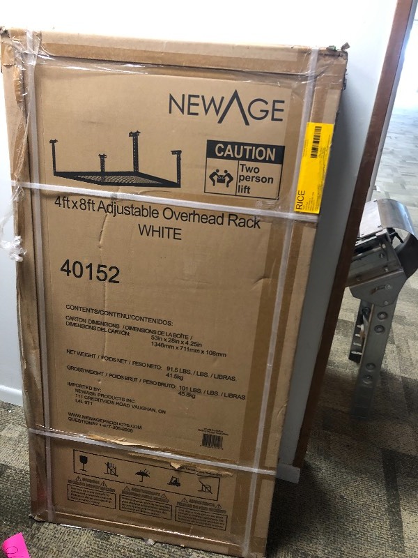 lot 118 image: Lot of 2 NewAge Products VersaRack 96 in. L x 48 in. W x 42 in. H Adjustable Ceiling Storage Rack in White not used