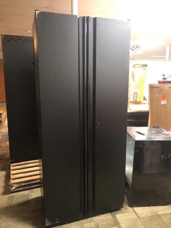 lot 116 image: Set of 2 Heavy Duty Welded  81 in. H x 24 in. D Steel Garage Cabinet Set in Black  not used whit scratches and small dents not used