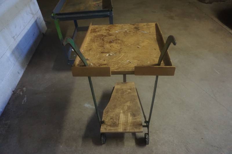 lot 49 image: Metal Home Made Shop Cart With Wood Shelves