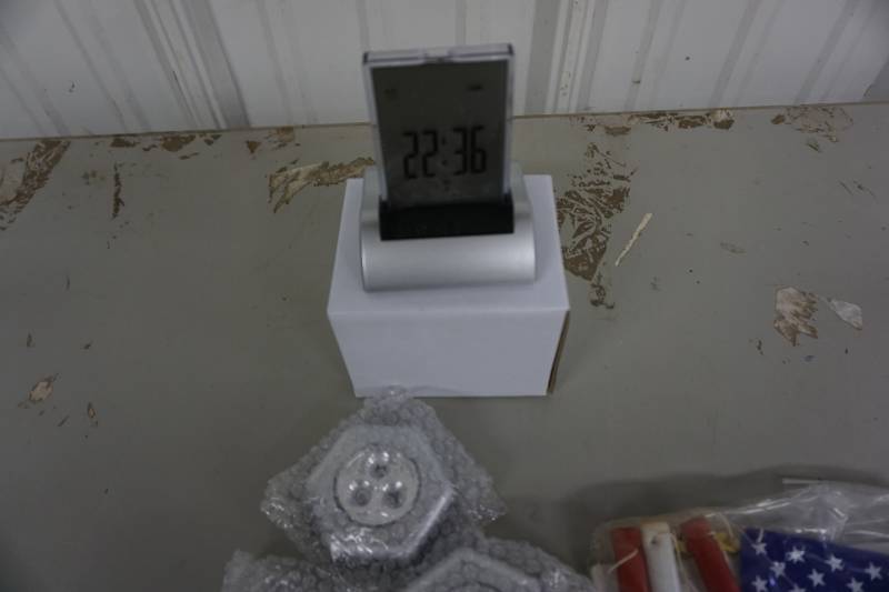 lot 173 image: 6 pc Adhesive LED Light Set 2 LED Alarm Clocks & Flag Themed Wind Chimes