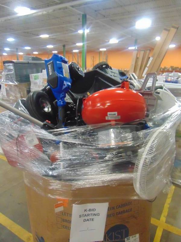 lot 233 image: WHOLESALE MIXED PALLET OF RETURNS - SAWS, AIR COMPRESSOR, SHOP EQUIPMENT & MORE