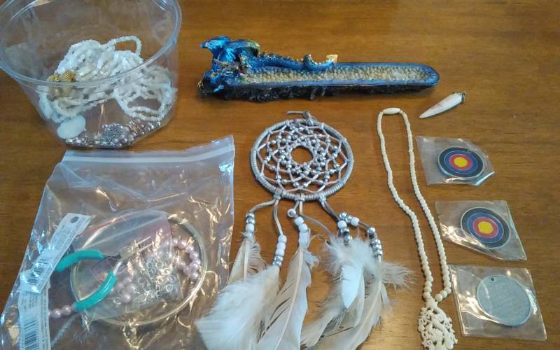 lot 15 image: Dragon Dish, Loose Beads & Tool, Dream Catcher, Necklace, 3-Salvation Poem Charms, Misc.