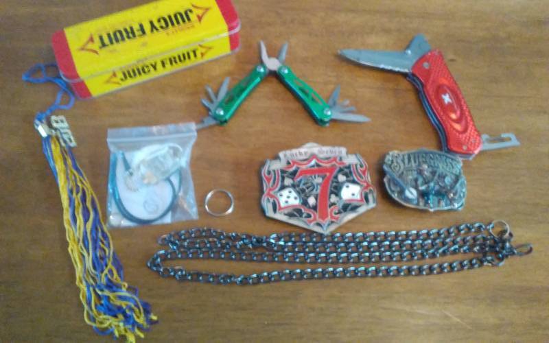 lot 17 image: Lot Of Collectibles, 2-Belt Buckles, Multi-Tool, Turbo Knife, Misc