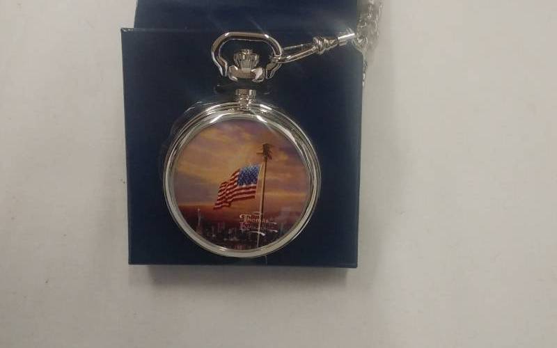 lot 24 image: Thomas Kincade (Painter Of Light) Silver Tone Stop Watch Looks New In Original Packaging & Box