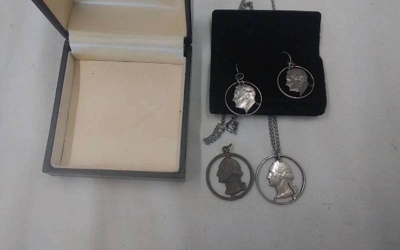 lot 31 image: Silver Tone Necklace & Pierced Earring Set Made From Real Silver Currency (Washington Quarters & Roosevelt Dimes)