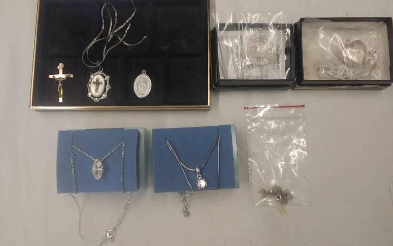 lot 32 image: 1-Set Silver Tone Necklace & Earrings, 2-Sterling Silver Necklaces, 2-Avon Silver Tone Pendants & Religious Necklaces With Crosses & Virgin Mary