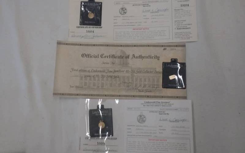 lot 42 image: 2-Silver Bars (Gold Plated), 1-Gold Bar 14K .24 Gms. With COAs