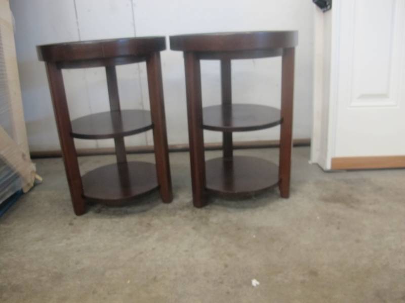 lot 8 image: Pair of Samson Wooden Circular 3 Shelf Side Tables