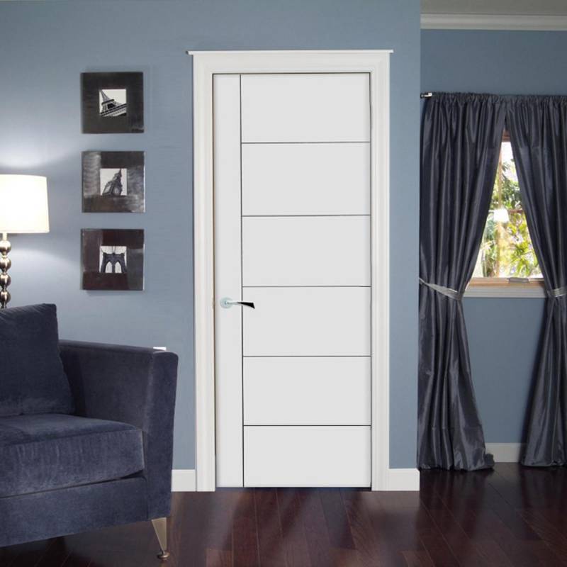 lot 13 image: Steves & Sons 30 in. x 80 in. V-Groove Primed White Barn Door Style Solid Core Wood Single Prehung Interior Door (qty 3)