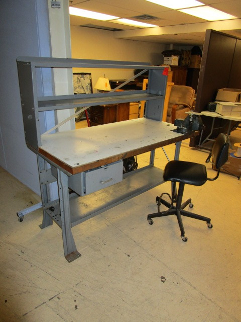 lot 517 image: WORKBENCH WITH CLAMP AND STATION CHAIR