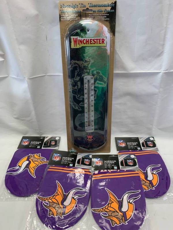 lot 45 image: Winchester IndoorOutdoor Thermometer & 4 MN Vikings Mirror Covers New