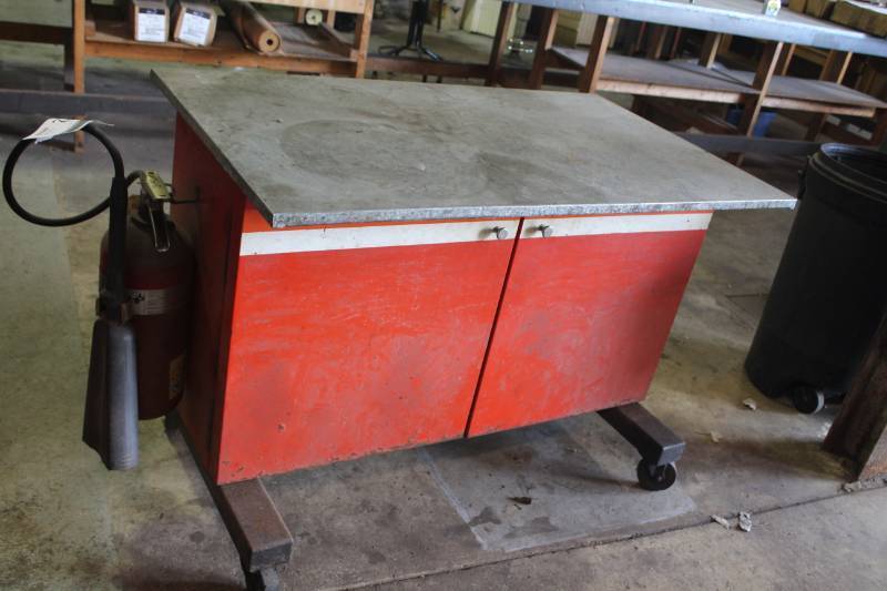 lot 112 image: Rolling Metal Shop Cabinet Table with 2-Door Storage, 2-Shelves, Fire Extinguisher Attached