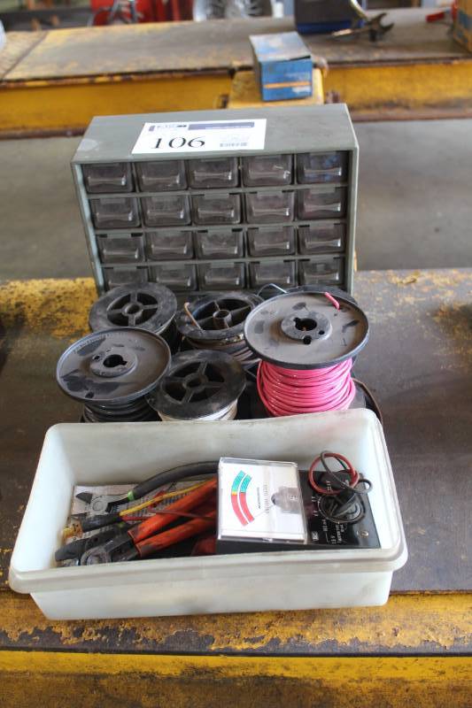 lot 106 image: Electrical Wiring, Wire Connectors, Parts Organizer Bin, Wire Strippers, Crimpers, Cutters