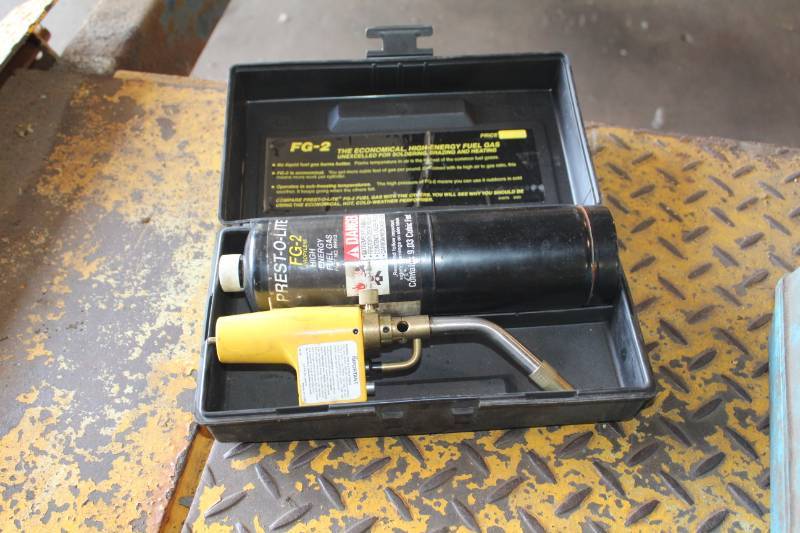 lot 98 image: Prest-O-Lite Propane Hand Torch Kit with Torch Head, Torch Fuel Can, Carry Case