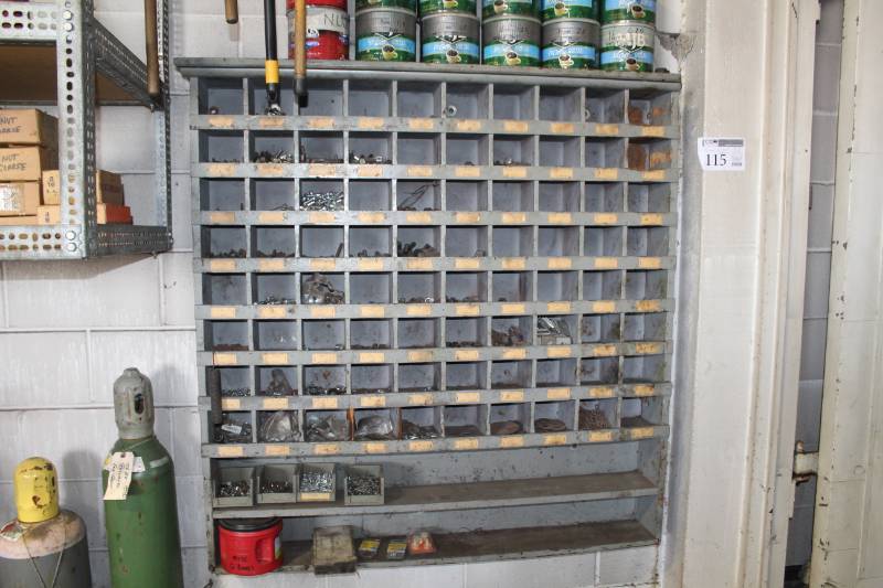 lot 115 image: 80-bin Parts Organizer Cabinet with 2-Lower Storage Shelves