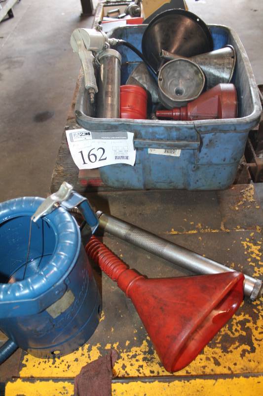 lot 162 image: Oil and Grease Service Equipment - Funnels, Grease Guns, Dispenser Cans