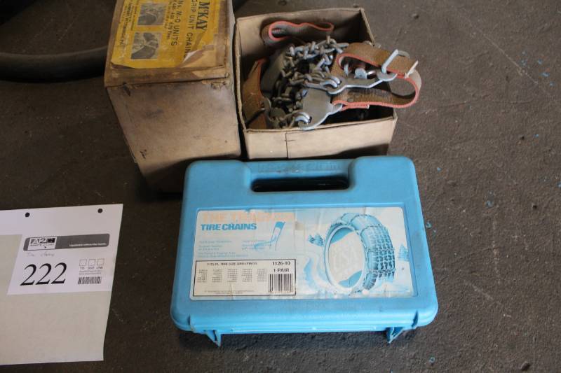 lot 222 image: McKay McKay Multi-Grip Unit Tire Chain Set, The Tracker Tire Chains 1126-10 with Plastic Case