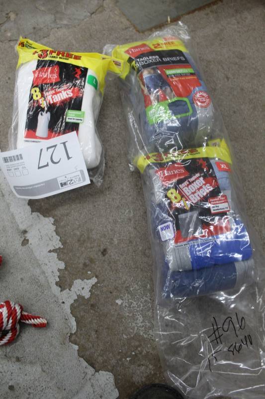 lot 127 image: Lot of (3) Hanes Bag of 8-Boys Tagless Tanks, Bag of 7 Tagless Boxer Briefs, Bag of 8 Boxer Briefs