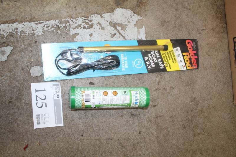 lot 125 image: Lot of (2) Golden Rod 12in. HumidityMildewConsensation Rod, HydroLog FXCL2-greenblock 10x2.5in. Carbon Block Filters
