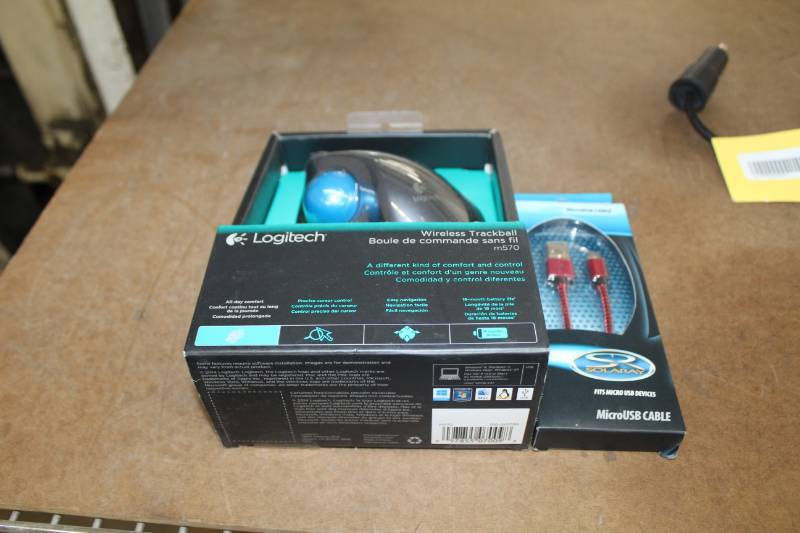 lot 111 image: Logitech Wireless Trackball, Solaray Micro USB Cable
