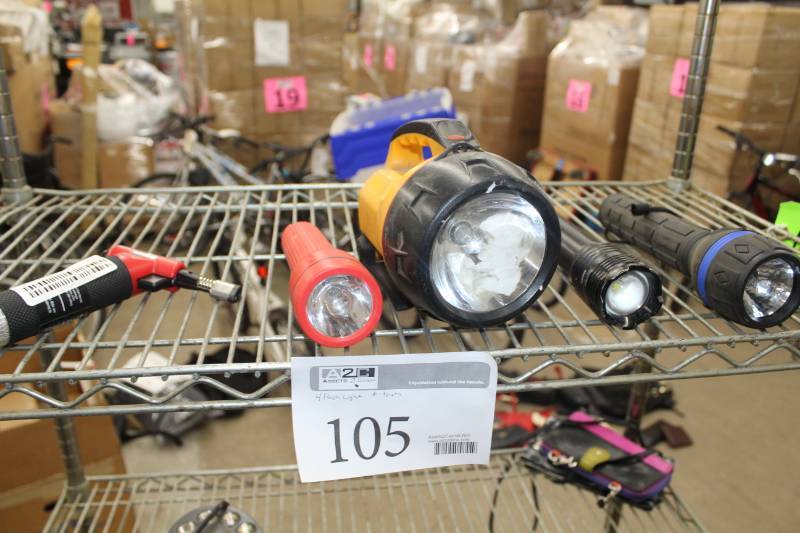 lot 105 image: Lot of (5) 4-Flashlights, 1-Mini Torch