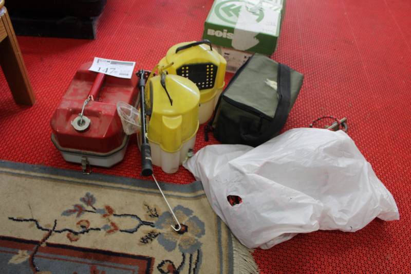 lot 147 image: Fishing Equipment - 2-Minnow BucketsStrainers, 1-Metal Gas Can, 1-Tackle Box, 1-Boat Anchor