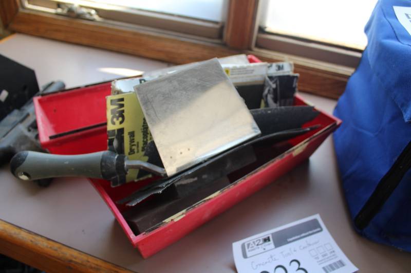 lot 223 image: Concrete Trowels, Concrete Mix Container, Sandpaper