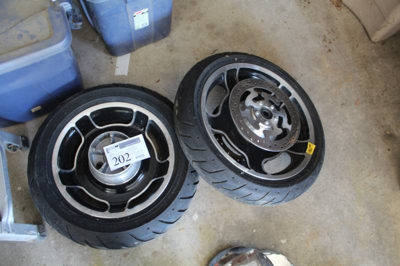 lot 202 image: Harley-Davidson 18in. Front and 16in. Rear Mag Wheels with Dunlop D408F 13070B18 MC Front Tires, Dunlop 407 18065B16 MC Rear Tire, Brake Rotors